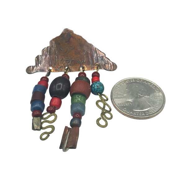 Eclectic Hand Crafted Boho Brooch, Mixed Metals Copper Mountain with Beaded Dang - Picture 2 of 4
